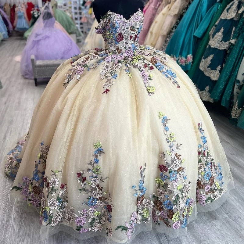 

Champagne Shiny Sweetheart Quinceanera Dress Ball Gown Mexican Applique Lace Sweet 16 Princess Vestidos De 15 XV Anos