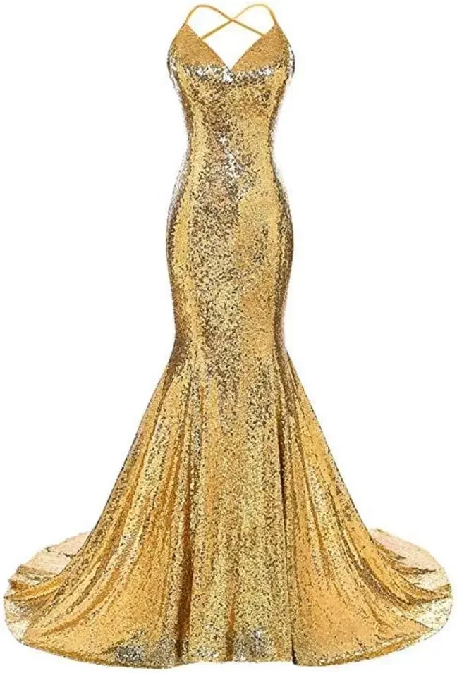 

Gold Women V Neck Mermaid Prom Dress Sequits Spaghetti Straps Formal Evening Dress Sexy Long Vestido Real Photo Robe Longue