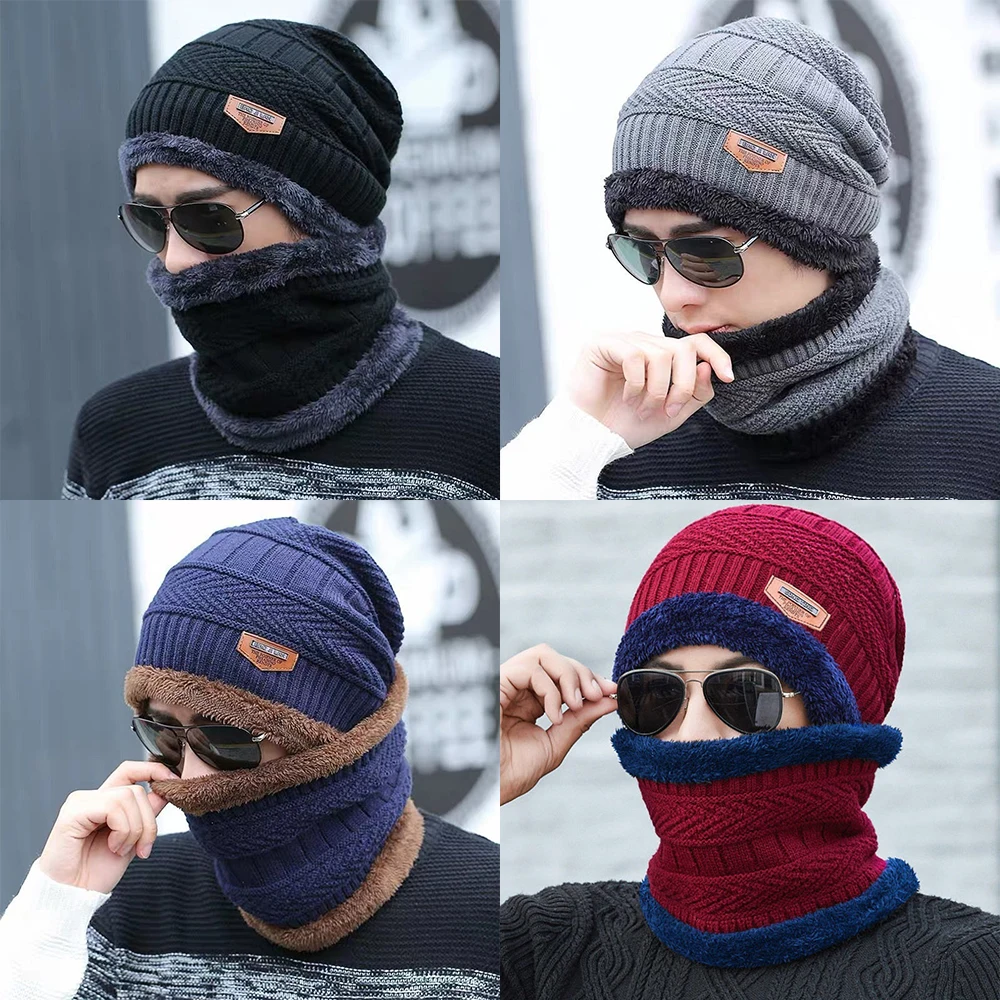 Winter Beanie Hat for Men Women Knitted Thick Wool Neck Scarf Cap Balaclava Mask Bonnet Hats