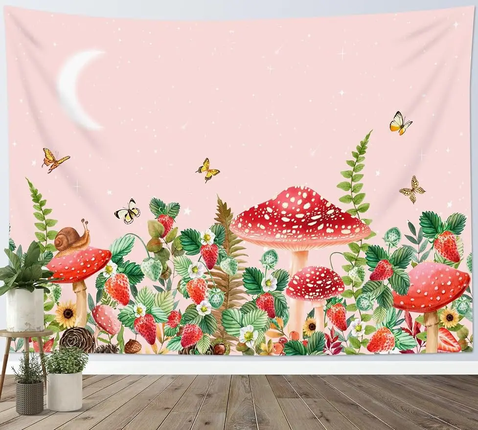 

Strawberry Tapestry Wall Hanging, Red Mushrooms and Fruit Butterfly on Pink Background Tapestry, Moon Starry Night Tapestry
