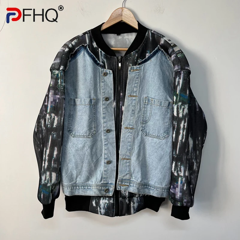 

PFHQ Denim Patchwork Jackets Deconstruction Men's Tide Fake Two Pieces Contrast Color Techwear High Street Coat Autumn 21Z2442