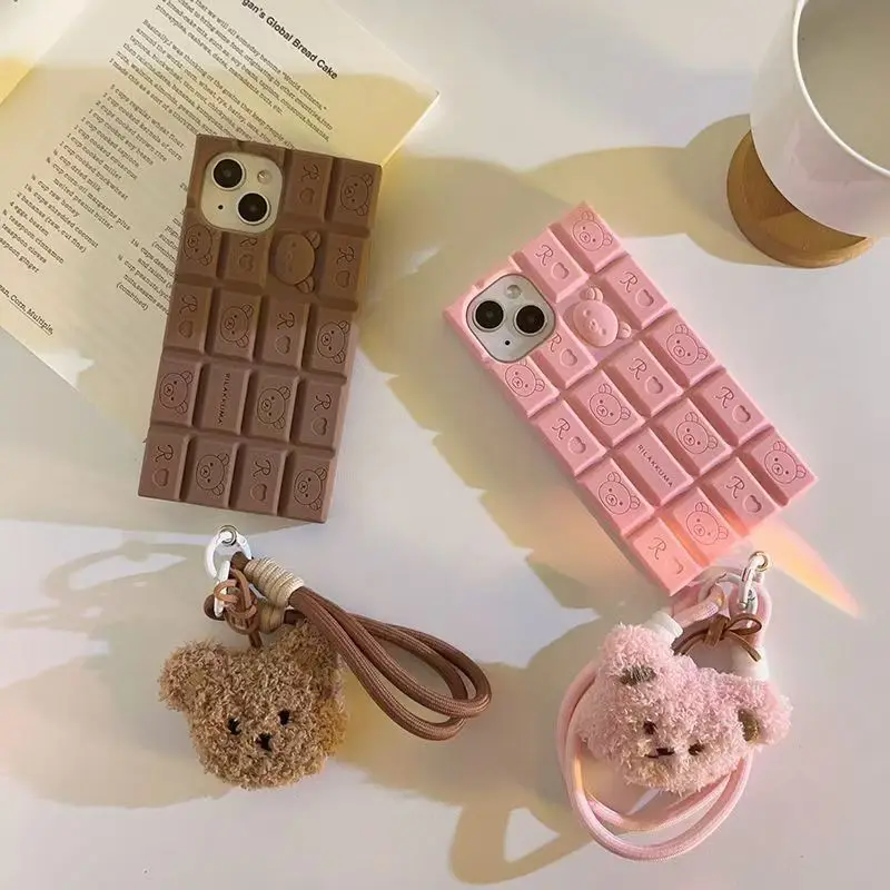 3D Chocolate Rilakkuma Phone Case For iphone 17 16 Pro Max 15 14 Plus 13 12 11 Pro Max Soft Cover with Cute Bear wrist strap 1