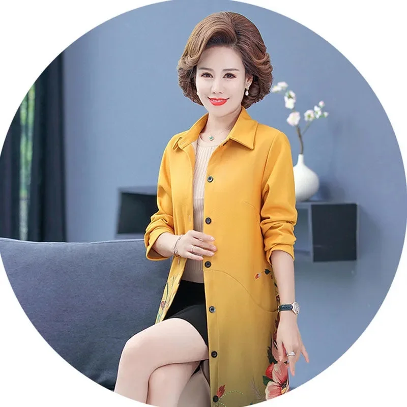 

Middle Aged Elderly Women's Trench Coat Spring Autumn Long Print Windbreaker Outwear National Style Fashion Mother Overcoat 5XL