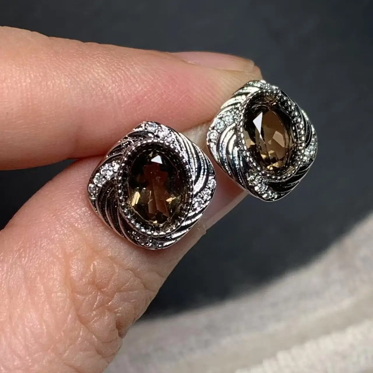 MM Natural Smoky Quartz Stud Earrings For Women Stone 925 Sterling Silver Vintage Gift Prevent Allergy Fine Jewelry