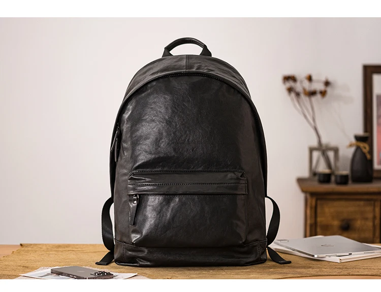 PNDME einfache lässige Luxus echtes Leder Herren große Kapazität Rucksäcke Outdoor-Reise Designer Rindsleder Laptop schwarze Tasche – Detail 1