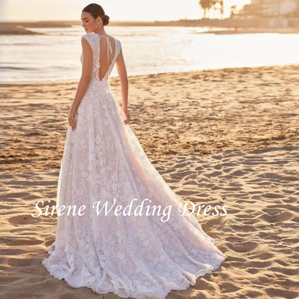 sirene v neck wedding dress for women 2024 sleeveless lace appliques with button simple bride gown sweep train robe de mariée Sirene Elegant Wedding Dress Simple O-Neck Sleeveless Lace A Line Bride Gowns For Women Modern Robe De Marie Sweep Train