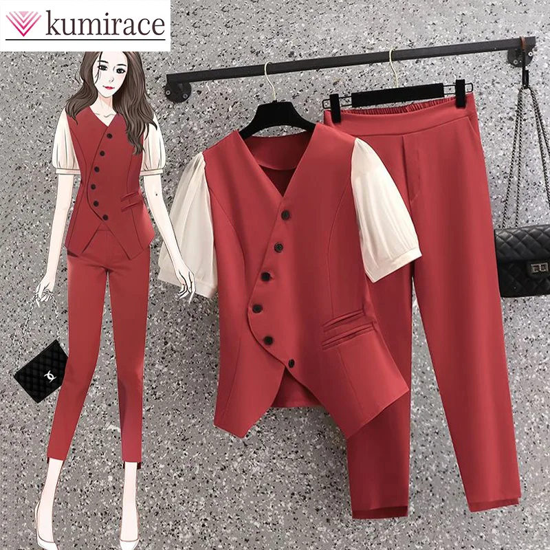 Commuter Pants Set for Women, V-neck Top and Small Foot Pants, Fashionable and Elegant, Korean Edition, Fake Two Piece, 2024 t shirts tees fake tassel beading v neck t shirt tee coffee in brown size l m s