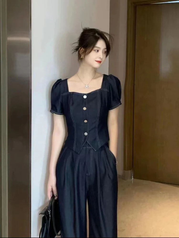 

Summer Commuting High Waist Denim Suit Women 2024 New Square Neck Bubble Sleeves Slim-Fit Top+Casual Wide Leg Pants 2-Piece Set