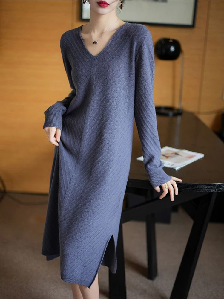 

New Autumn Winter Women's Knitted Dress Vintage V Neck Long Sleeve Bottoming Robe Female Casual All-match Sweater Dresses