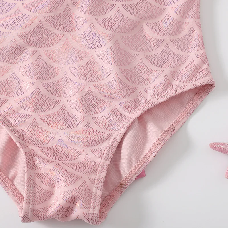 Cute Toddler Baby Girls Swimwear Ruffles Sleeveless Beachwear Swimsuit Lovely Pink Mermaid Bathing Suit + Sun Hat 2pcs Set