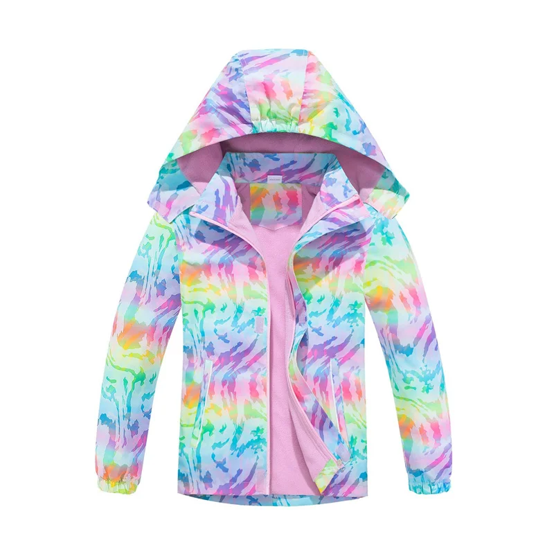 

New Spring Autumn Child Kid Clothe Baby Girl Windproof Waterproof Jacket Rainbow Striped Outwear Double Deck Inner Polar Fleece