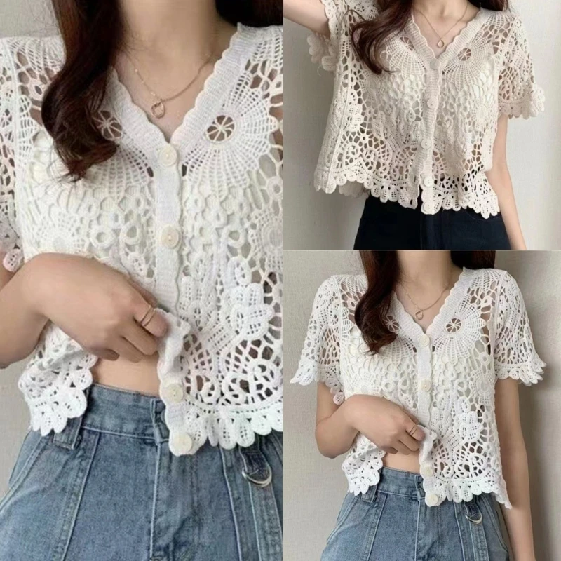 Women's Summer Open Front Cardigan Lace Hollow Out Shrug Cropped Shrugs Cardigan Casual Loose Sexy V-neck Top Dropship