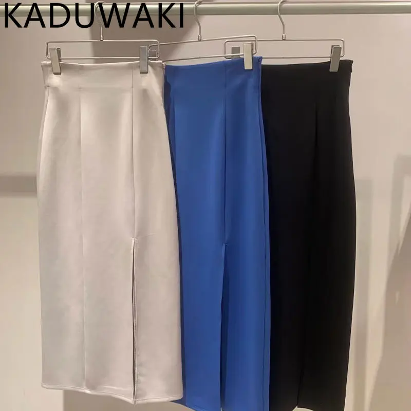 

Japanese Simple Split Skirts Women Elegant High Waist Slim Fit Mid-length Jupe 2023 Summer All-matched Hip Package Skirts Sweet