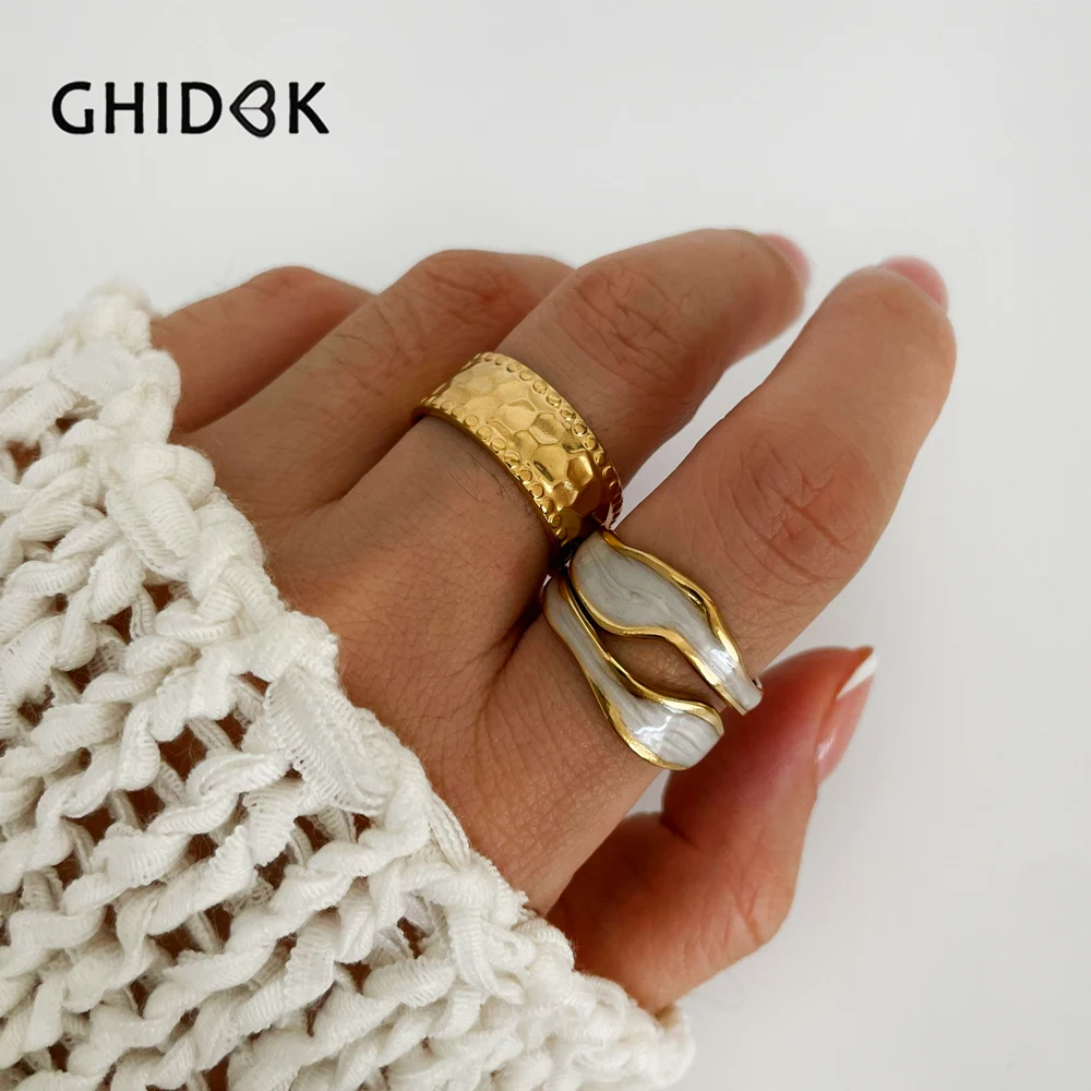 GHIDBK Модные Ретро двойные эмалевые белые Открытые Кольца для женщин из нержавеющей стали позолоченное кольцо регулируемые ювелирные изделия