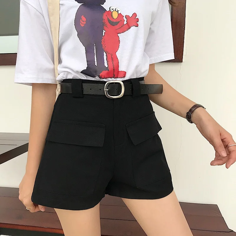 Spring New Korean Style Simple Flanging High Waist Slimming Denim Shorts Female Student All-Matching Straight Wide Leg Hot Pants compression shorts