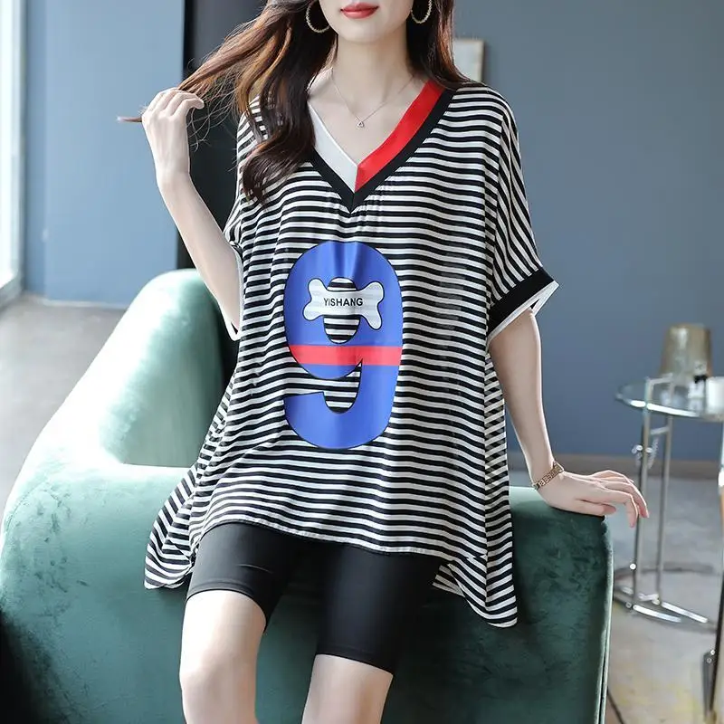 

Fashion Printed Digital Irregular Striped Blouse Female Clothing 2023 Summer New Oversized Casual Tops Loose Asymmetrical Shirt
