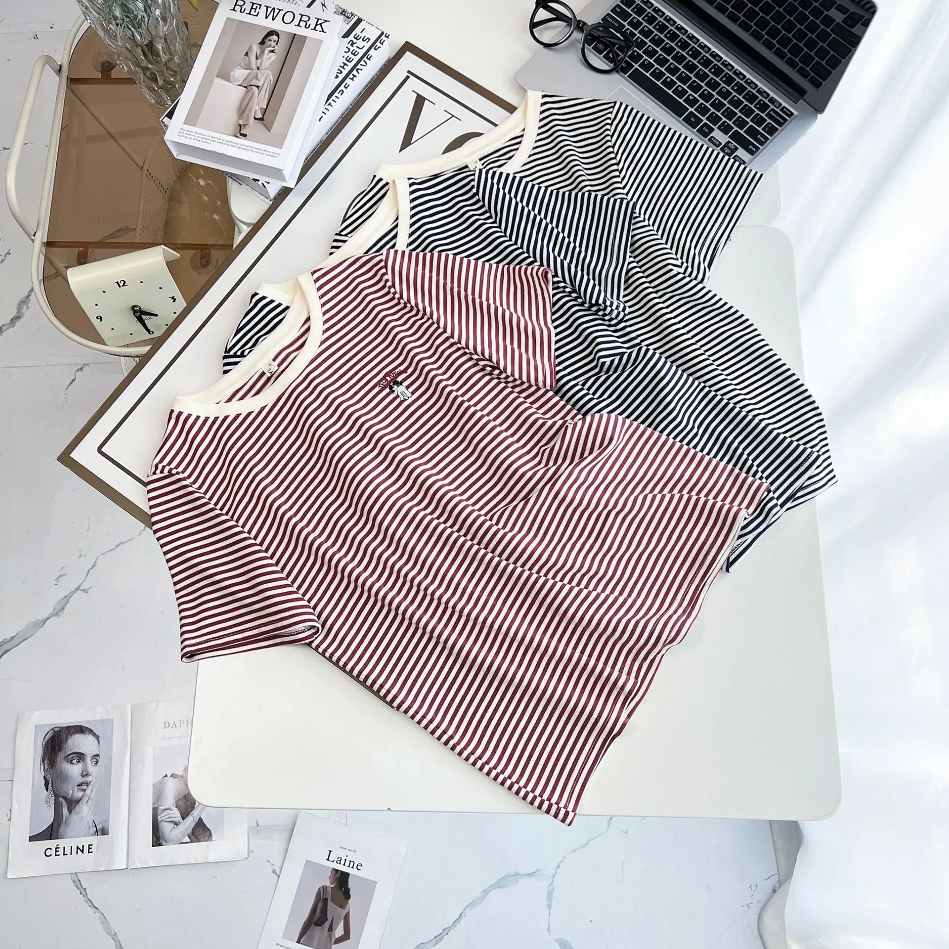 2025 Summer Plus Size Top New 100kg Casual Round Neck Tees Striped Embroidery Short Sleeve Women T-shirt 8015