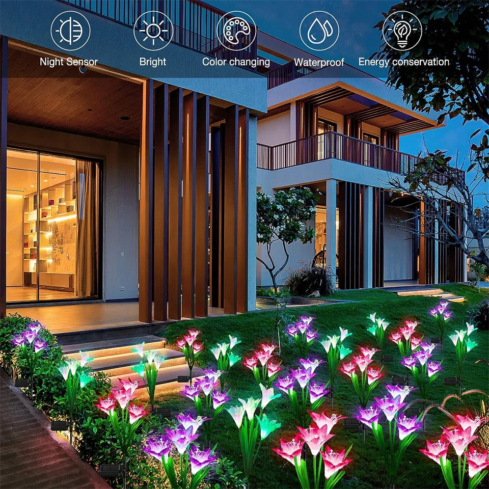 Solar Lily Flower Light 7 Color Changing Waterproof Solar Pathway Landscape Lights for Outdoor Courtyard Garden Yard Decor