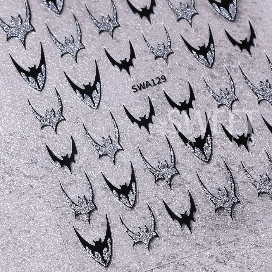 2pcs Halloween Bat Nails Art Stickers Glitter Holographic Gold Silver French Bat Design Adhesive Nail Decals Y2K Manicure Decor