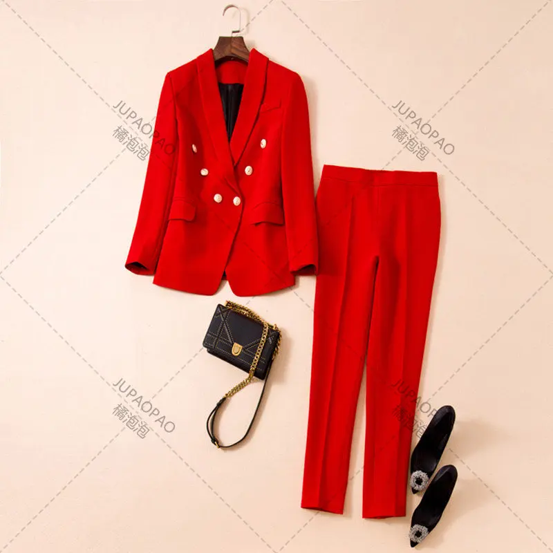 Women Elegant Work Blazer Suit Noted double breasted Jacket Coat Top And Pant Two Piece Set Matching Outfit Office Lady Clothing