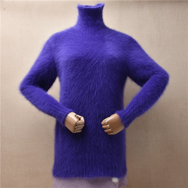

Female Women Fall Winter Clothing Blue Hairy Mink Cashmere Knitted Turtleneck Slim Blouses Angora Pullover Jumper Sweater Tops