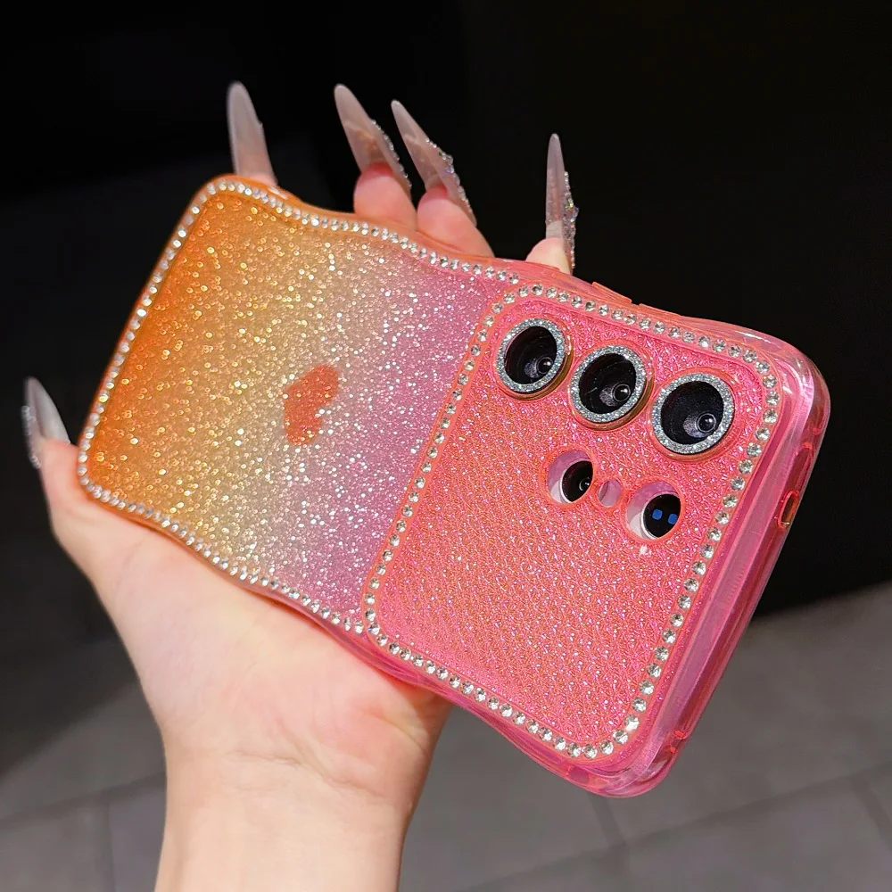 Super Glitter Diamonds Love Heart Phone Case with Wave Gradient and Camera Protection