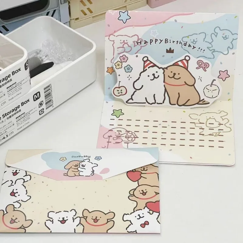 3D pop-up style Line Dog puppy greeting card Happy Birthday Ins Foldable Cute Blessing Cartoon Gift Postcard envelope