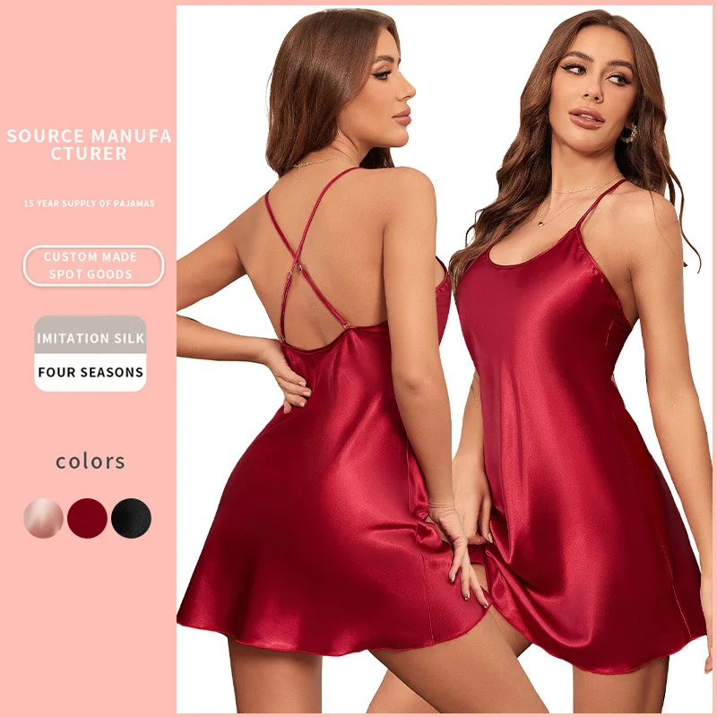 New Ladies Sexy Ice Silk Nightgown Halter Nightgown Backless Fashion Leisure Breathable Halter Dress Homewear