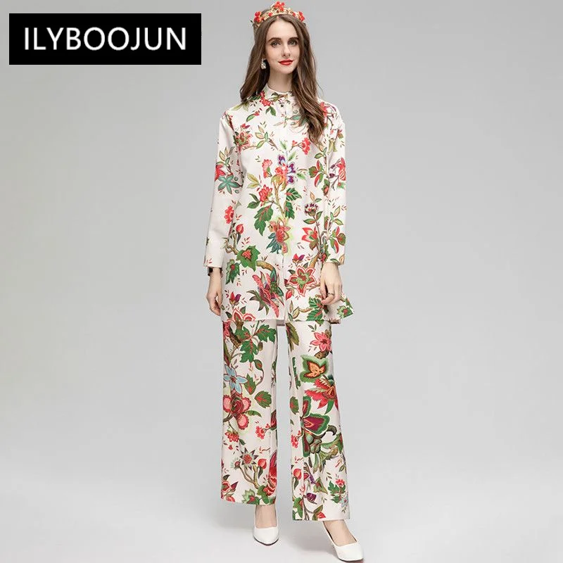 

Женский брючный костюм с цветочным принтом, модельный роскошный брендовый брючный комплект из двух предметов, узкое пальто и свободные прямые брюки с карманами, лето 2023