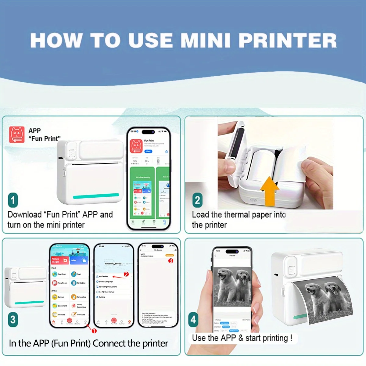 Portable Mini Printer (with rolls of printing paper, can be paired with iOS and Android devices, no ink required