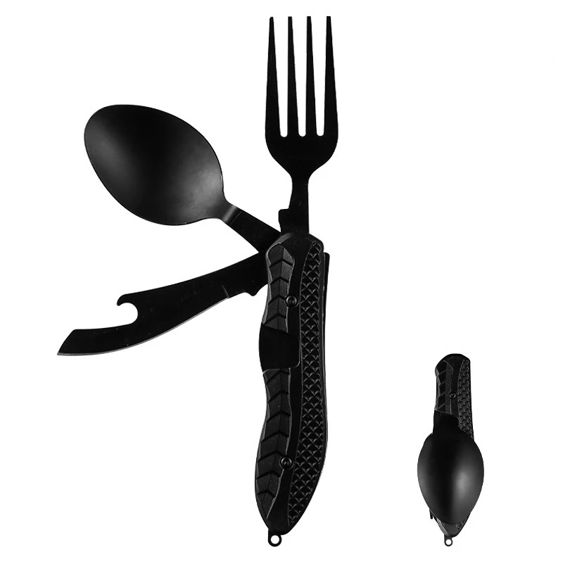 휴대용 스테인레스 스틸 접이식 스푼 포크 나이프 병따개 콤보 세트, 3 인 1 멀티툴 캠핑 도구, 배낭 여행 수저