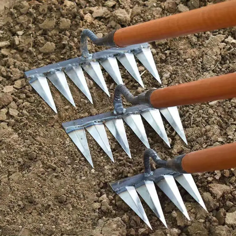 Garden Rake Gardening Heavy Duty Dethatching Rake Metal For Dethatching Weeding Cultivating Rock Gravel Acreage Root Tine