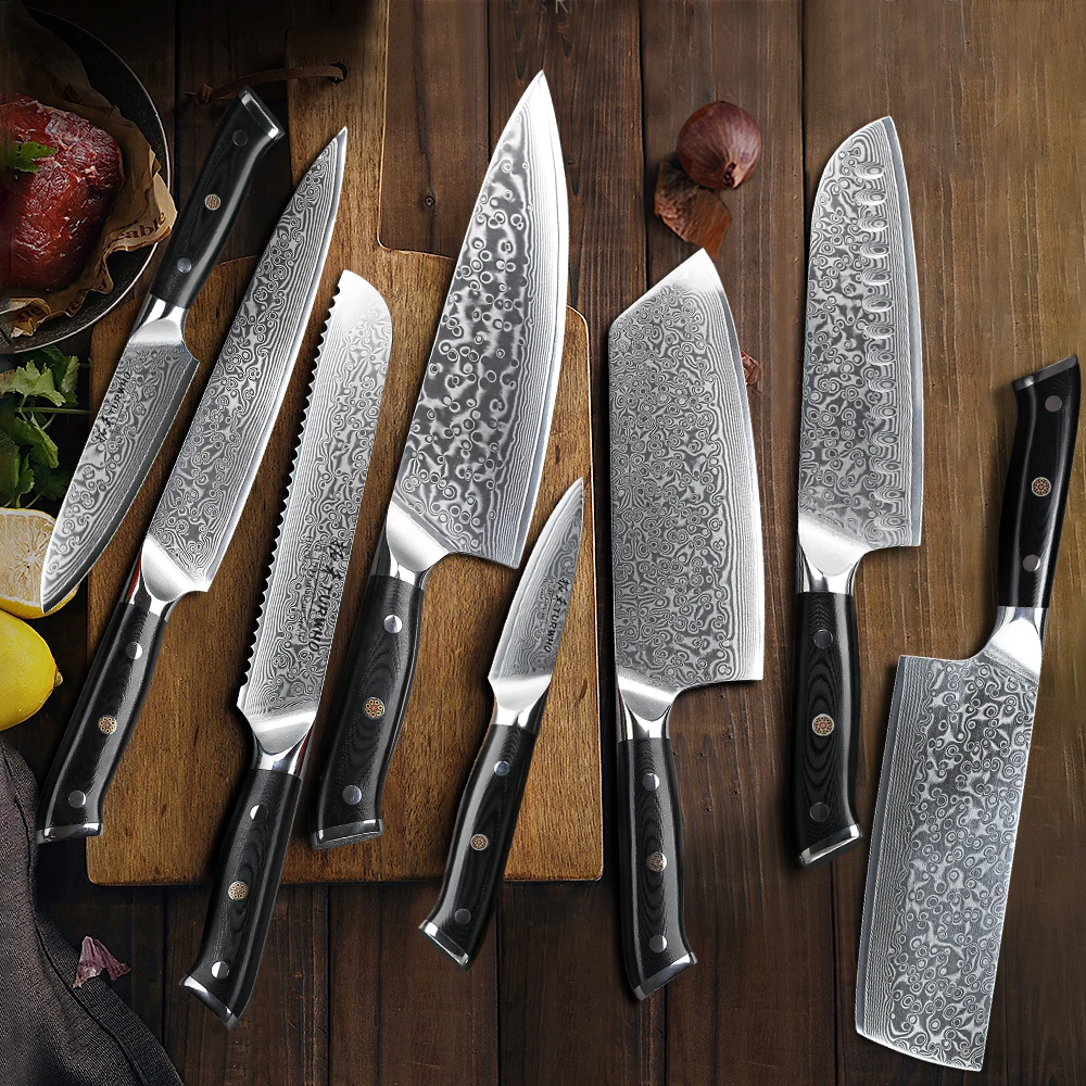 Turwho 6 Pcs Kitchen Knives Sets High Carbon Japanese Vg10 Damascus Steel  Chef Santoku Cleaver Bread Utility Knife G10 Handle - Knife Sets -  AliExpress