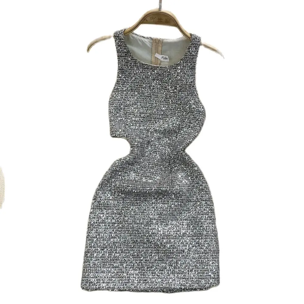 

Sequin Splice Hollow Out Pleated Dress Women Elastic Sexy Sleeveless Wrap Hip Short Dresses Female 2023 Spring