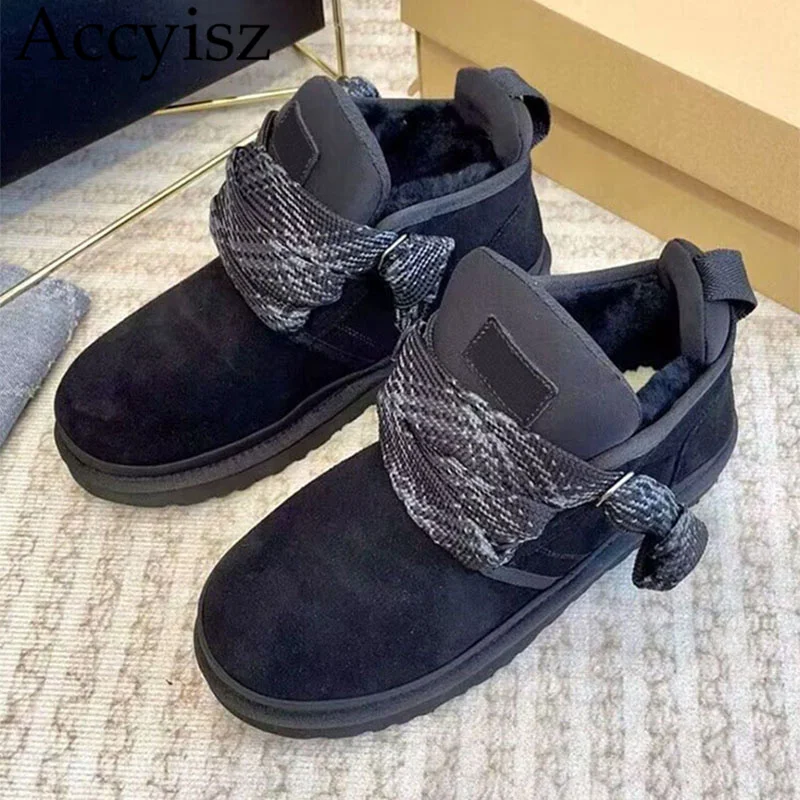 

Thick Heel Fur Snow Boots Women Winter Round Toe Lace Up Patchwork Flat Casual Shoes Retro Thickened Wool Linging Short Botas