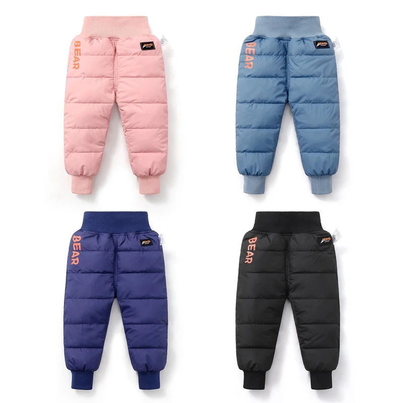 Kids Pants Winter Cotton Padded Thick Warm Waterproof Ski Pants 1-5 Years Elastic High Waisted