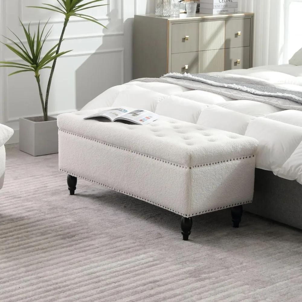 

Modern Storage Ottoman Bench, White Sherpa Upholstered Rectangle Button Tufted Footstool Bench for Bedroom Living Room Entryway