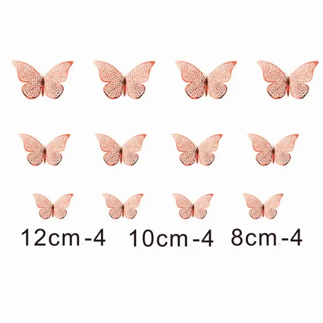 12Pcs Metal Texture Gold Artificial Butterfly Cake Topper Cake Decoration Simulation Butterflies Wedding Crafts Party Decoration B-RoseGold