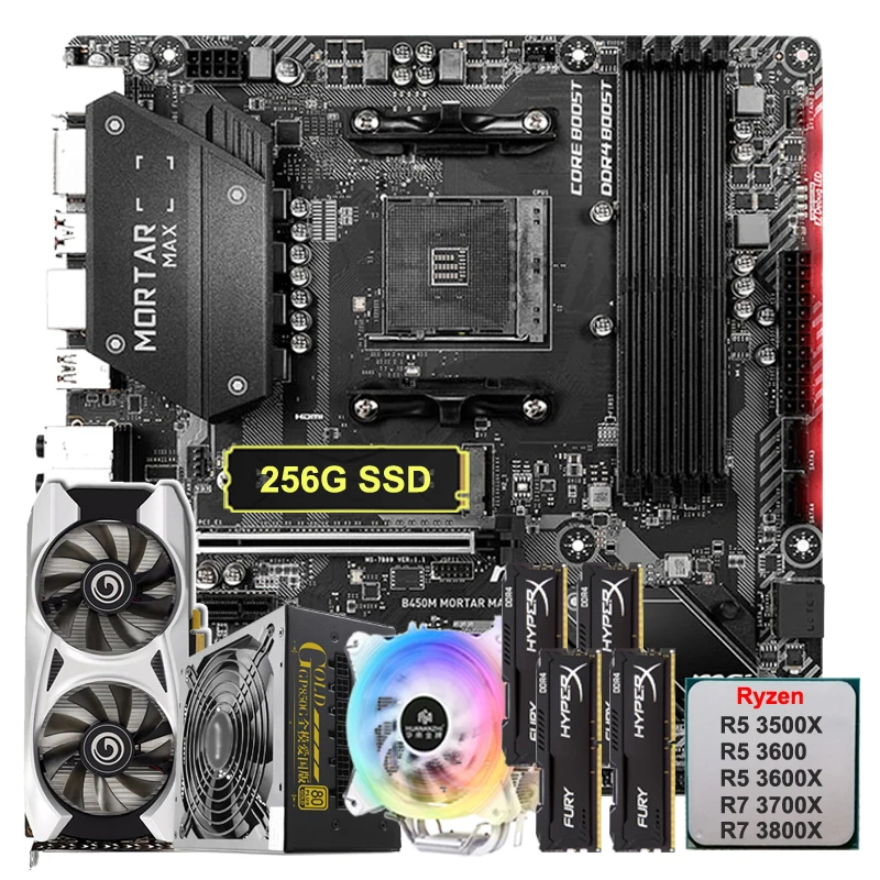Новый игровой набор материнской платы B450M AM4 процессор Ryzen 5 3600X R7 3800X кулер ЦП 256 ГБ