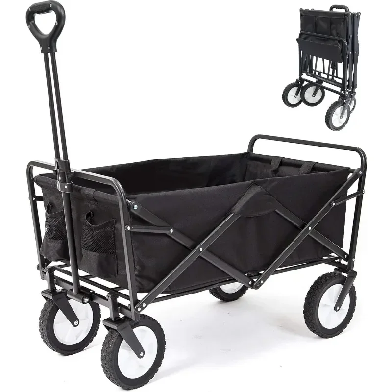 

Collapsible Folding Outdoor Utility Wagon, Beach Wagon Cart with All Terrain Wheels & Drink Holders, Portable Sports Wagon