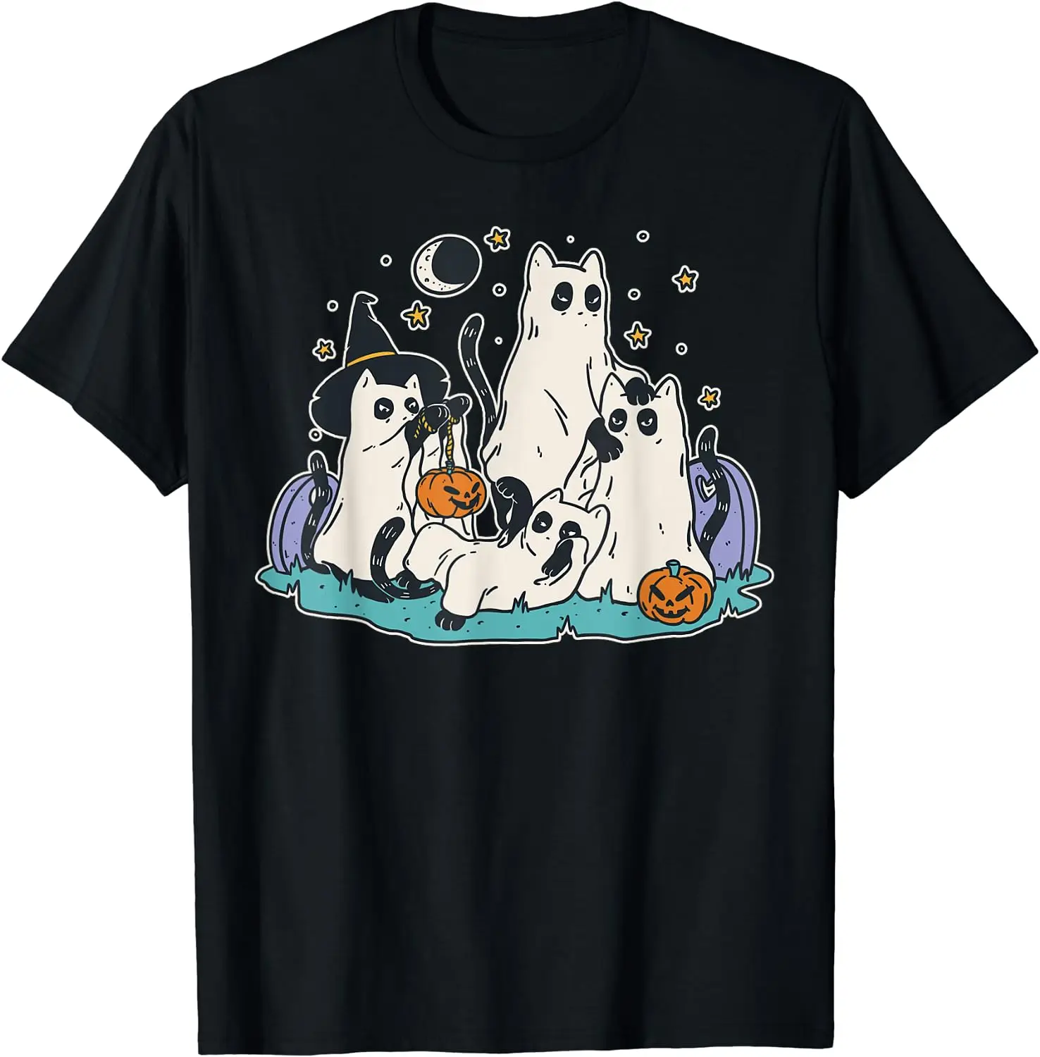 

Black Cats in Ghost Costume Cute Women and Men Halloween T-Shirt for Men Women Kids Casual Cotton Daily Four Seasons Tees