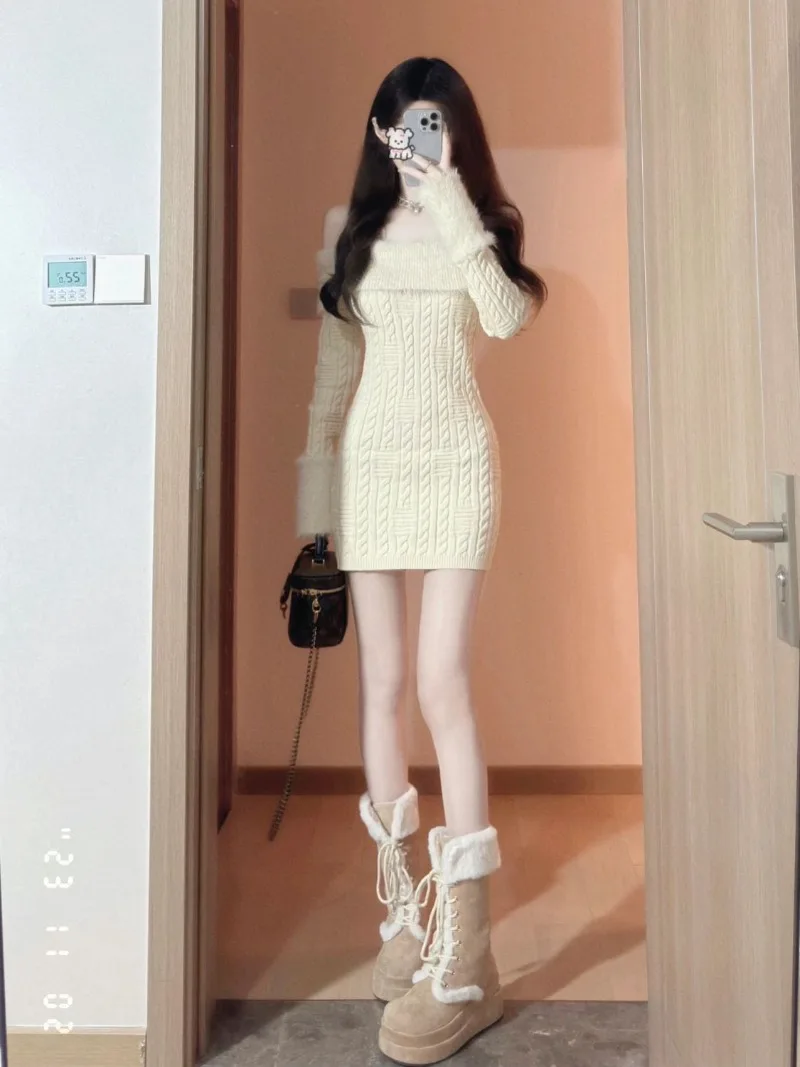 

Sweet Spicy One Shoulder Knit Dress Women Korean Splice Plush Temperament Soft Glutinous Fashion Solid Slim Winter Warm Wear