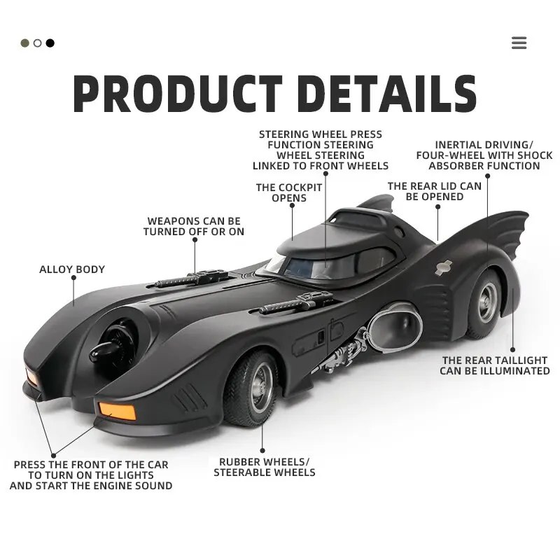 1:18 1989 Batmobile Die-cast Car with Batman Figure, Toys for Kids