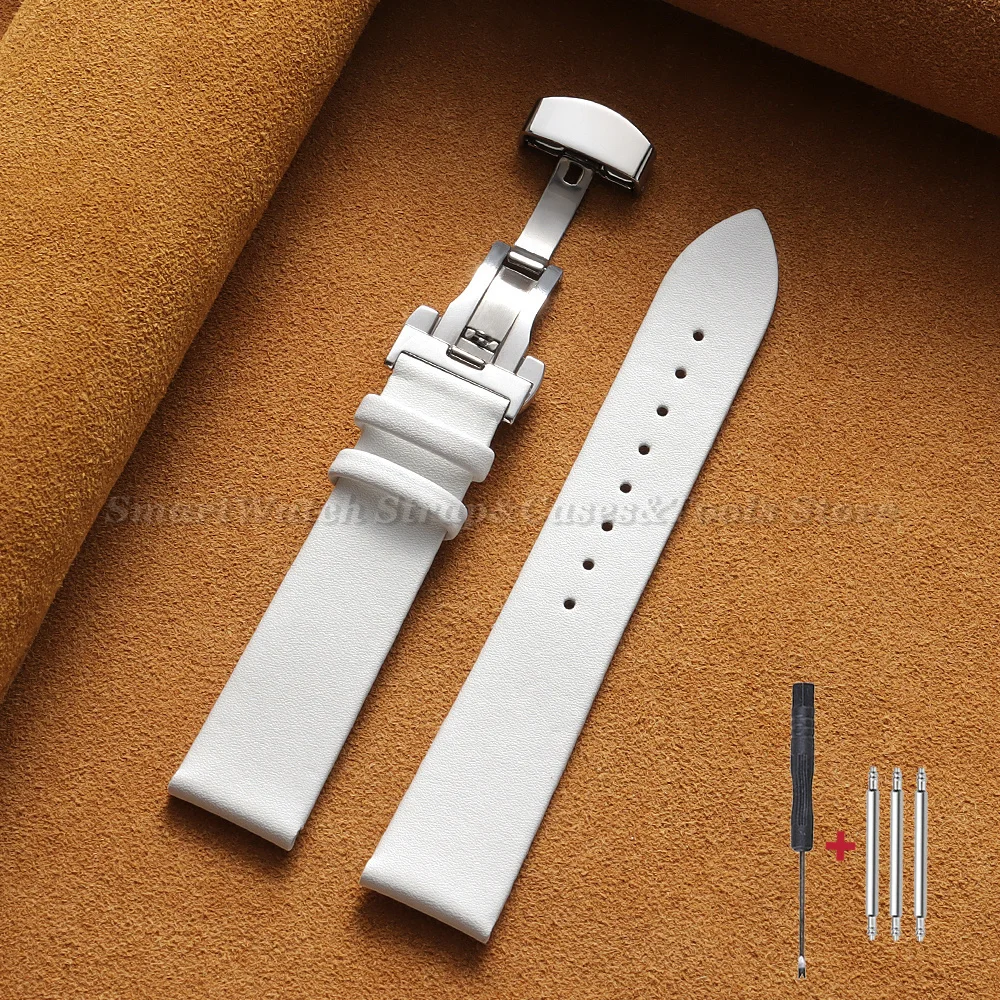 Premium Ultra-Thin Genuine Leather Watch Strap with Soft Cowhide Band and Butterfly Clasp