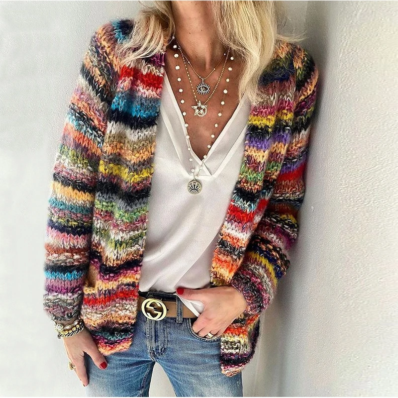 Casual Daily Striped Print Pocket Cardigan Collar Long Sleeve Two Pieces