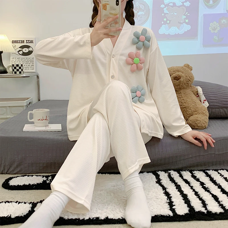 Spring double long cardigan V-neck pajamas women's cotton like long sleeved Korean casual sweet lovely girls' home clothes