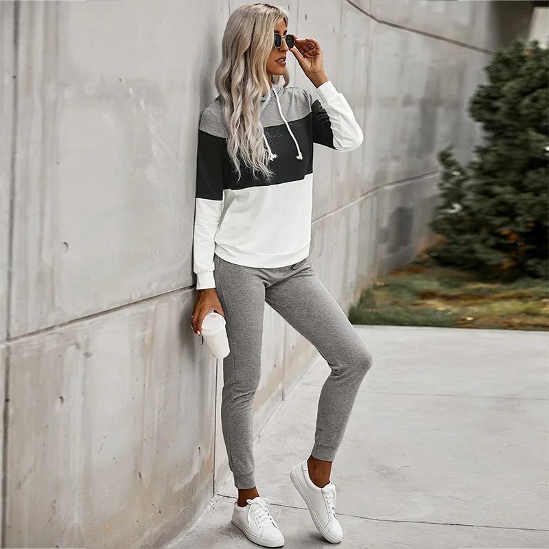 

Spring Autumn Women Color Block Splicing Tracksuits Korean Fashion Long Sleeve Hoodies And Pant Sets Two Piece Outifts