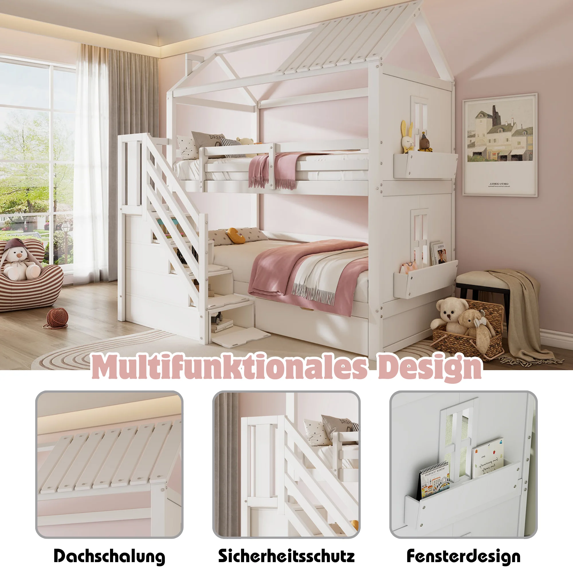 KOMHTOM multifunktionales Kinderetagenbett 90x200cm aus Kiefernholz und MDF mit Stauraumtreppe Schubladen ohne Matratze – Detail 3