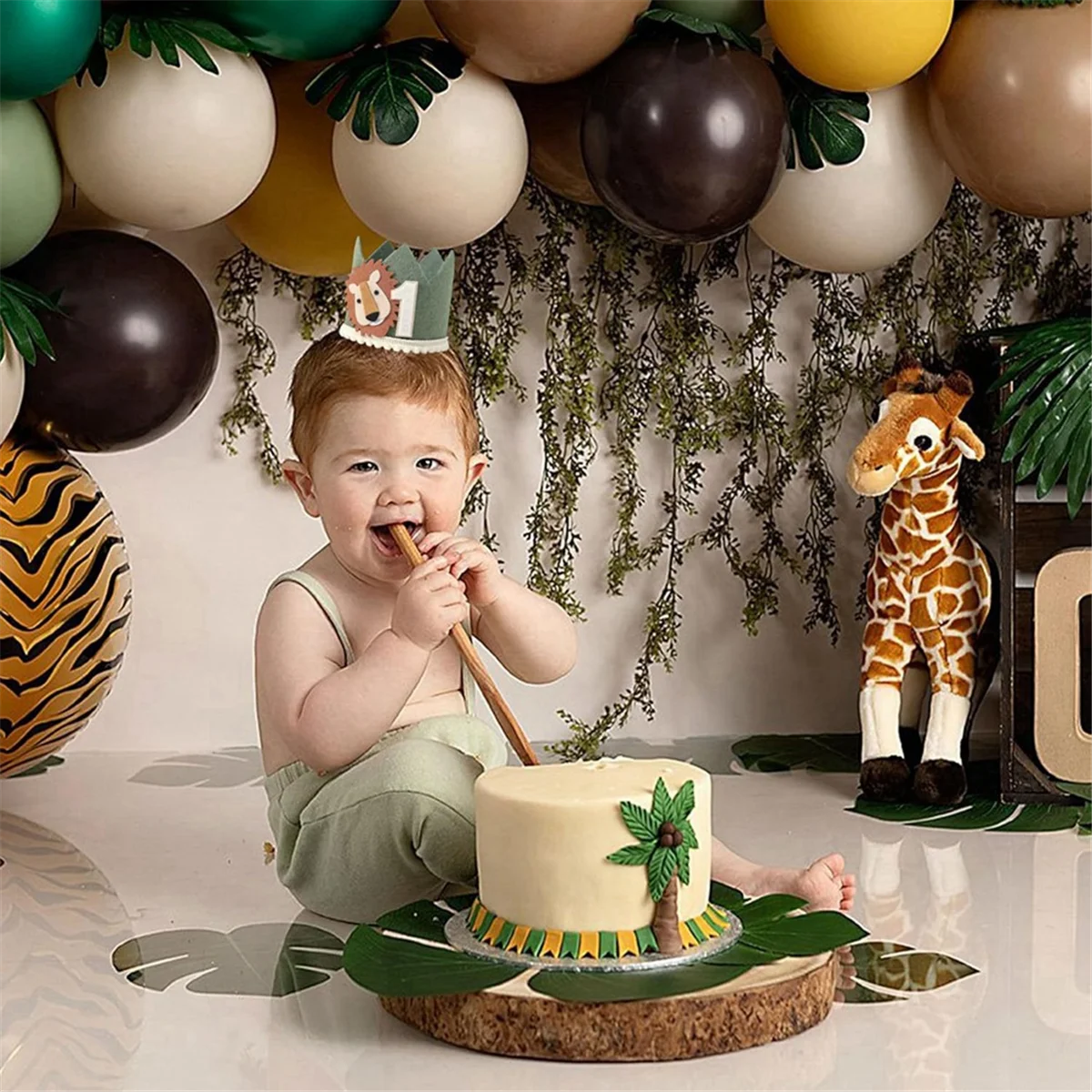 1 Year Old Kids Avocado Green Lion Birthday Crown First Baby Party White Non Woven Safari B 3