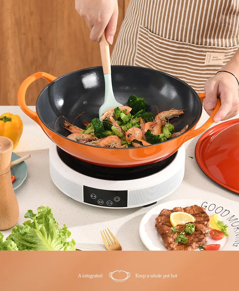 Coral Orange Gradient Enamel Cast Iron Pot Double Ear Handle Soup Pot  Household Multifunctional Wok Pan